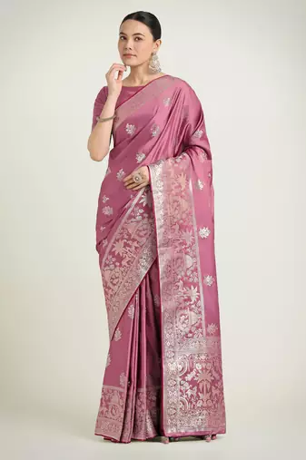 onion pink silk blend banarasi jacuard work saree with unstitched blouse piece