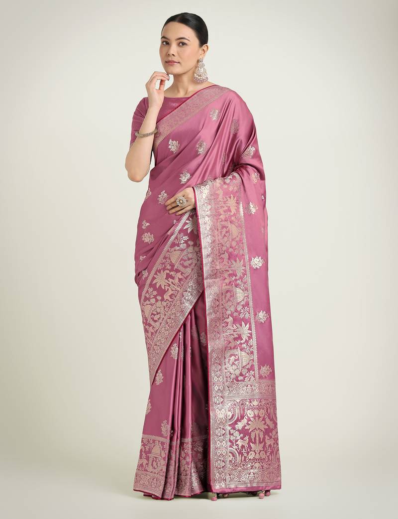 onion pink silk blend banarasi jacuard work saree with unstitched blouse piece