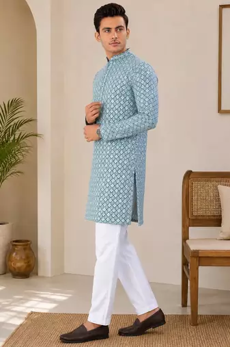 Teal blue  color traditional chikankari embroidery cotton men's kurta payjama set