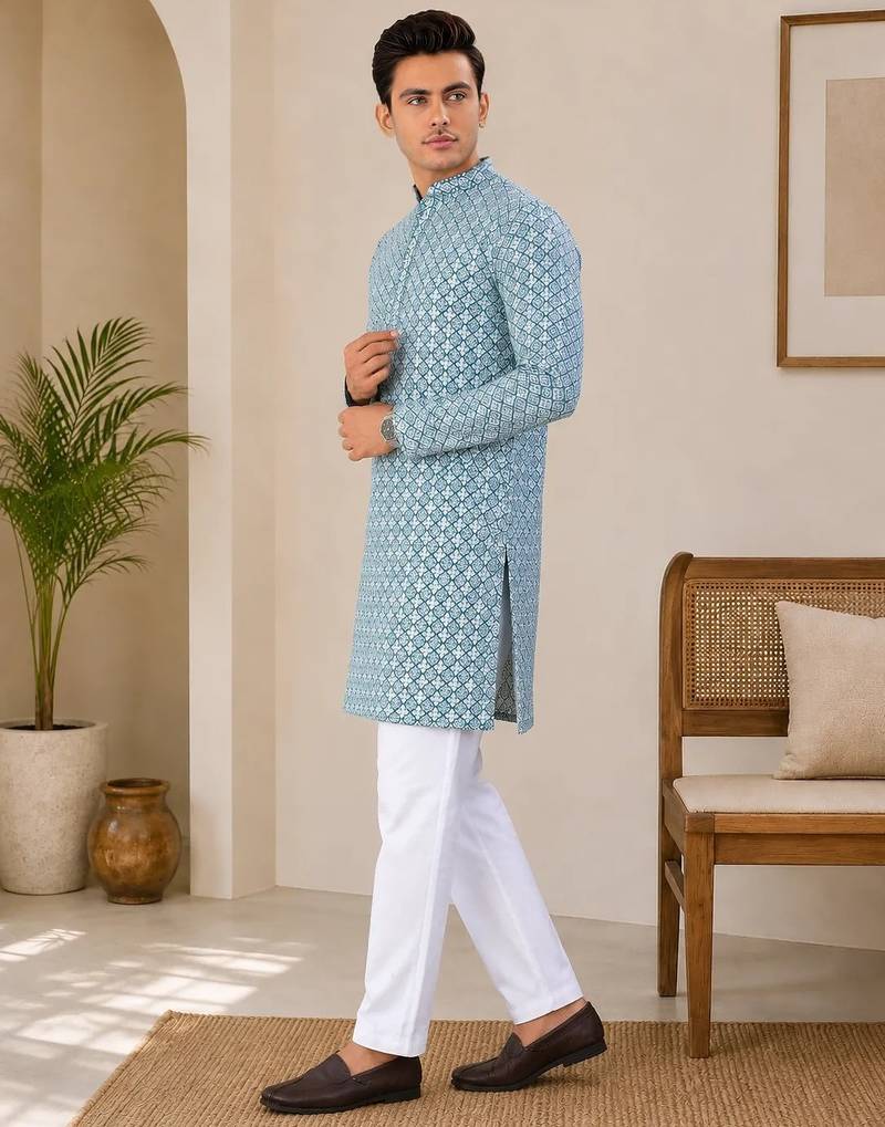 Teal blue  color traditional chikankari embroidery cotton men's kurta payjama set