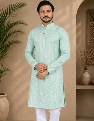 Pista color embroidery and silver sequence work silk men's kurta payjama set 3
