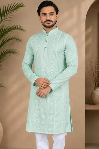 Pista color embroidery and silver sequence work silk men's kurta payjama set