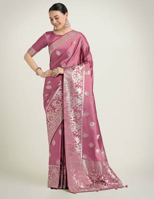 onion pink silk blend banarasi jacuard work saree with unstitched blouse piece 2