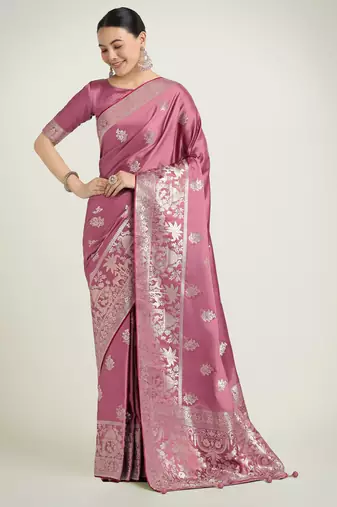 onion pink silk blend banarasi jacuard work saree with unstitched blouse piece