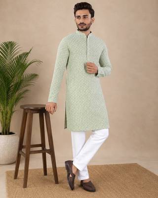 Pista color traditional chikankari embroidery cotton men's kurta payjama set 1