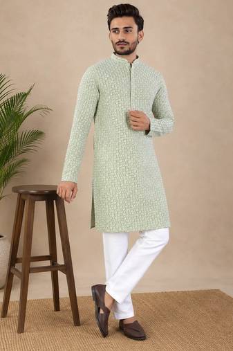 Pista color traditional chikankari embroidery cotton men's kurta payjama set