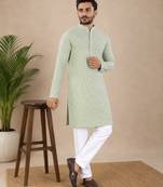 Pista color traditional chikankari embroidery cotton men's kurta payjama set