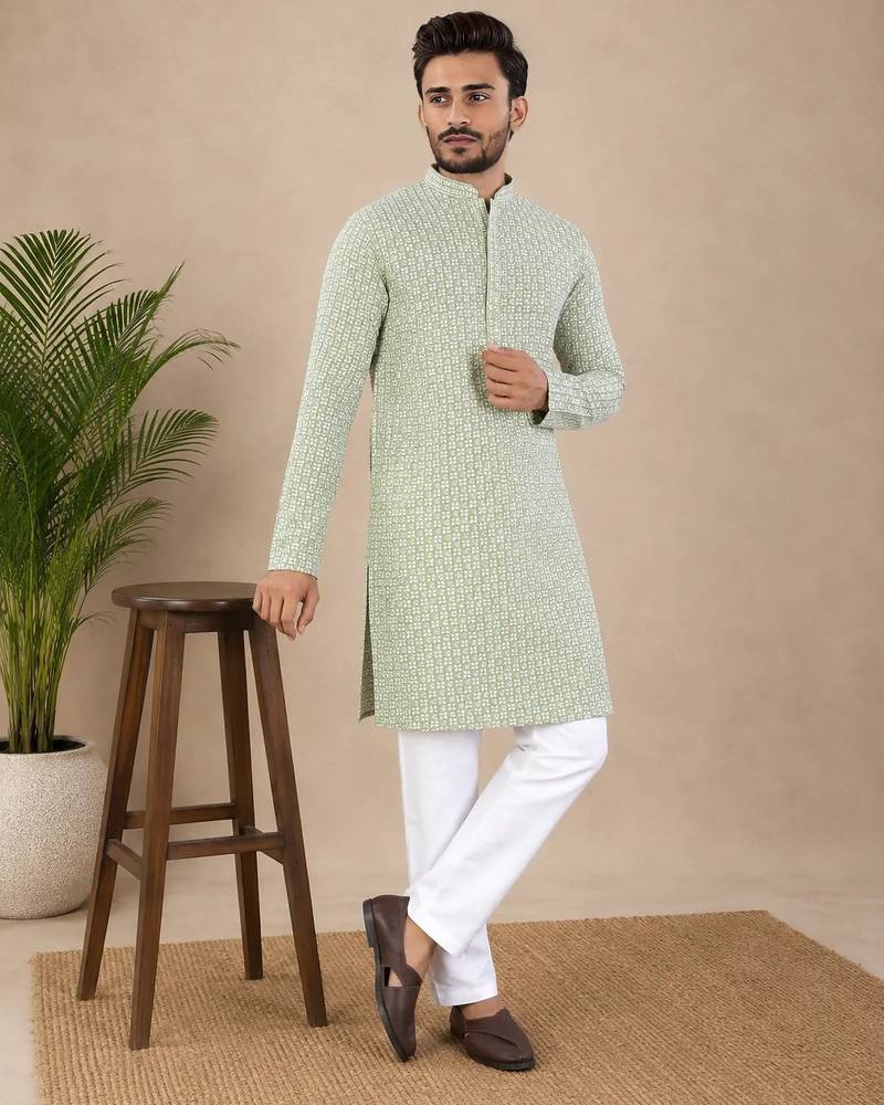 Pista color traditional chikankari embroidery cotton men's kurta payjama set