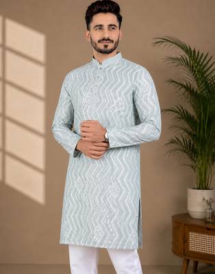 Pista color unique cross pattern white thread embroidery with silver sequence silk men's kurta payjama set 3