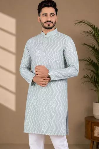 Pista color unique cross pattern white thread embroidery with silver sequence silk men's kurta payjama set