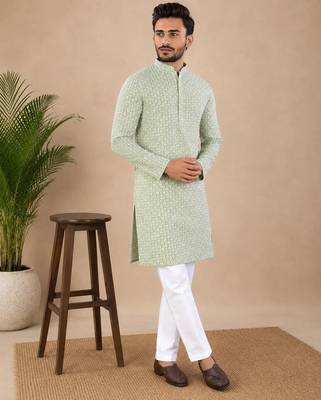 Pista color traditional chikankari embroidery cotton men's kurta payjama set 2