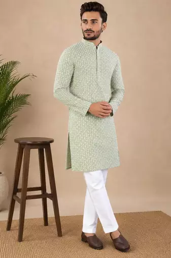 Pista color traditional chikankari embroidery cotton men's kurta payjama set