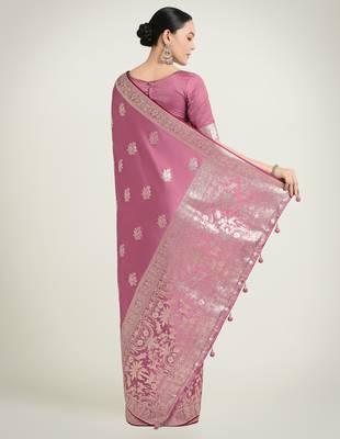 onion pink silk blend banarasi jacuard work saree with unstitched blouse piece 3
