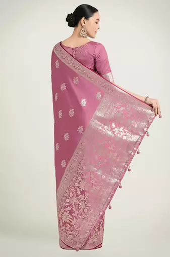 onion pink silk blend banarasi jacuard work saree with unstitched blouse piece