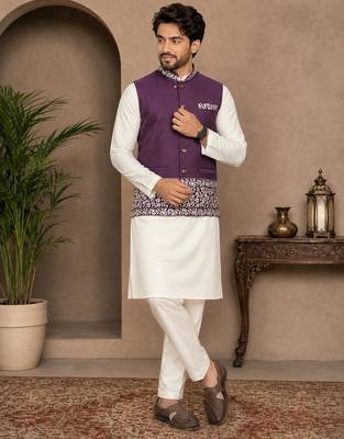 Off white-purple color embroidered daaman work shiny silk men's kurta payjama set 3