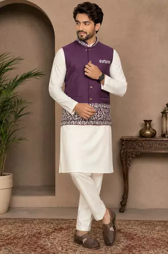 Off white-purple color embroidered daaman work shiny silk men's kurta payjama set