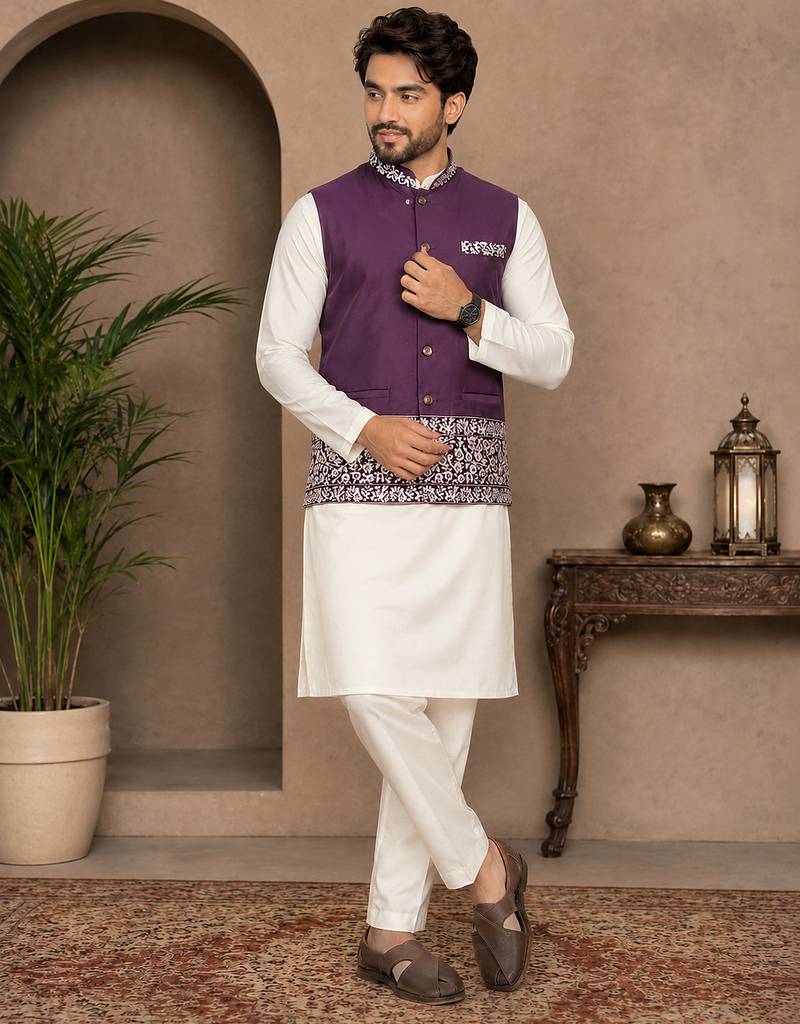 Off white-purple color embroidered daaman work shiny silk men's kurta payjama set