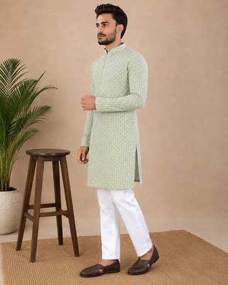 Pista color traditional chikankari embroidery cotton men's kurta payjama set 3