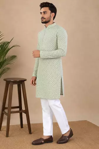 Pista color traditional chikankari embroidery cotton men's kurta payjama set