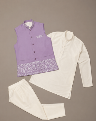 Off white-lavender color embroidered daaman work shiny silk men's kurta payjama set 5