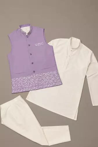 Off white-lavender color embroidered daaman work shiny silk men's kurta payjama set