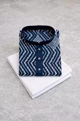Teal color unique cross pattern white thread embroidery with silver sequence silk men's kurta payjama set