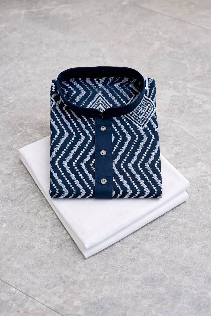 Teal color unique cross pattern white thread embroidery with silver sequence silk men's kurta payjama set