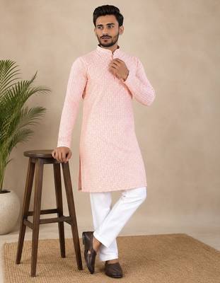 Pink color traditional chikankari embroidery cotton men's kurta payjama set 1