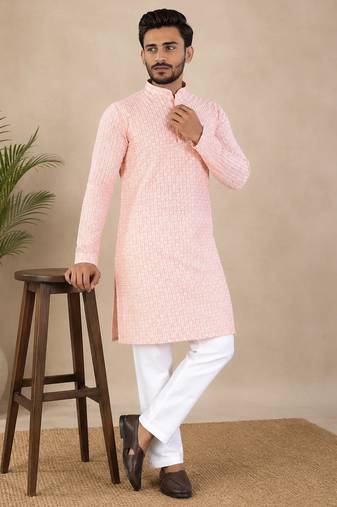 Pink color traditional chikankari embroidery cotton men's kurta payjama set
