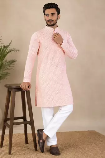 Pink color traditional chikankari embroidery cotton men's kurta payjama set