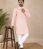 Pink color traditional chikankari embroidery cotton men's kurta payjama set