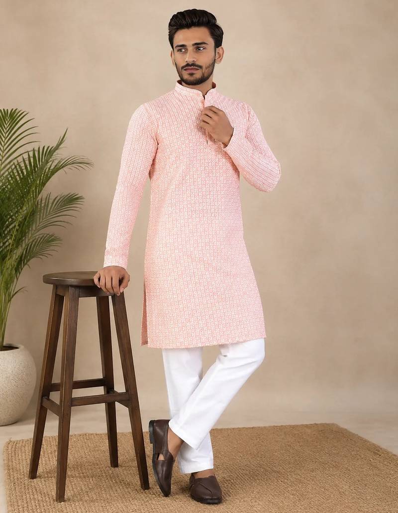 Pink color traditional chikankari embroidery cotton men's kurta payjama set