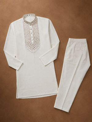 White color elegant neck embroidery silk men's kurta payjama set 5