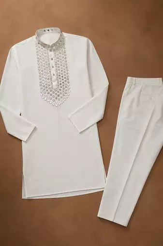White color elegant neck embroidery silk men's kurta payjama set