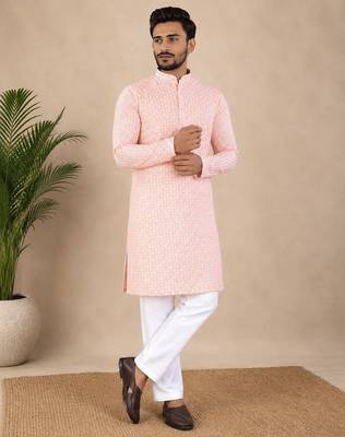 Pink color traditional chikankari embroidery cotton men's kurta payjama set 2