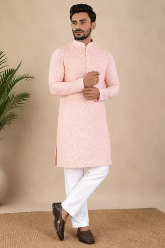 Pink color traditional chikankari embroidery cotton men's kurta payjama set