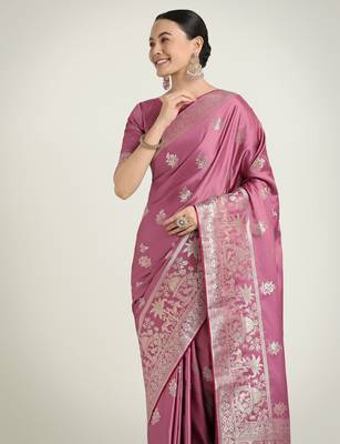 onion pink silk blend banarasi jacuard work saree with unstitched blouse piece 4