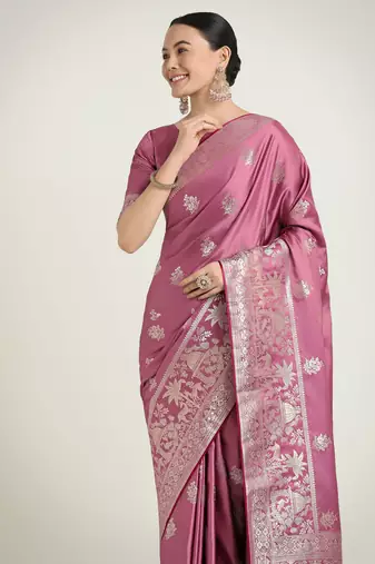onion pink silk blend banarasi jacuard work saree with unstitched blouse piece