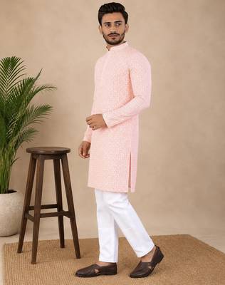 Pink color traditional chikankari embroidery cotton men's kurta payjama set 3