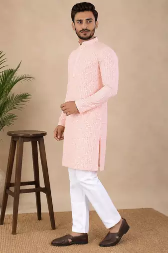 Pink color traditional chikankari embroidery cotton men's kurta payjama set