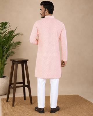 Pink color traditional chikankari embroidery cotton men's kurta payjama set 4