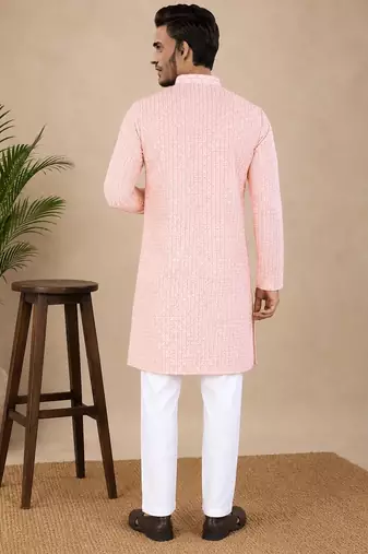 Pink color traditional chikankari embroidery cotton men's kurta payjama set