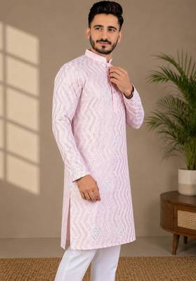 Light pink color unique cross pattern white thread embroidery with silver sequence silk men's kurta payjama set 3