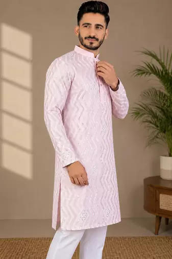 Light pink color unique cross pattern white thread embroidery with silver sequence silk men's kurta payjama set