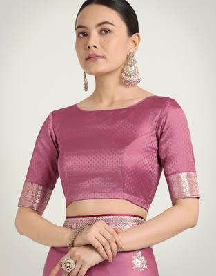 onion pink silk blend banarasi jacuard work saree with unstitched blouse piece 5