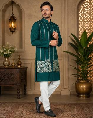 Teal blue color embroidery work silk indo ethnic men's kurta payjama set 1