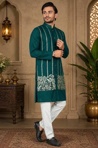 Teal blue color embroidery work silk indo ethnic men's kurta payjama set