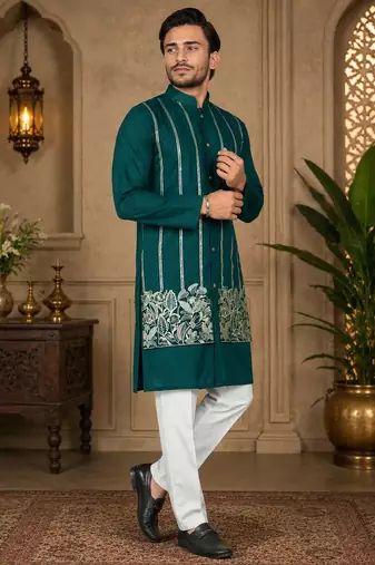 Teal blue color embroidery work silk indo ethnic men's kurta payjama set