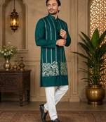 Teal blue color embroidery work silk indo ethnic men's kurta payjama set