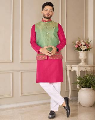 Pista green  color weaving work with ikkat kanjivaram cotton men's kurta payjama set 1